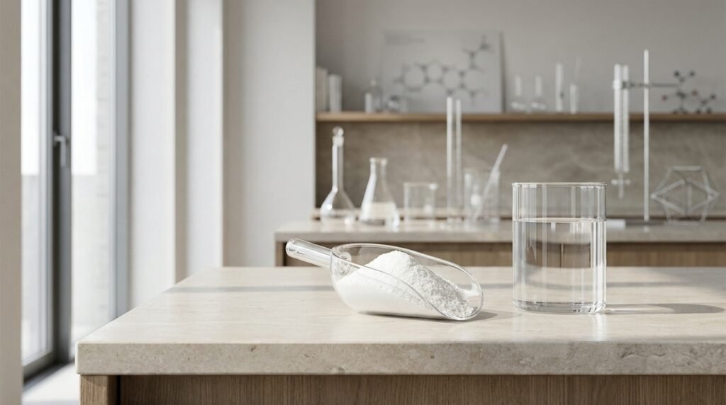 Creatine monohydrate powder beside a glass of water in a clean modern nutrition setting
