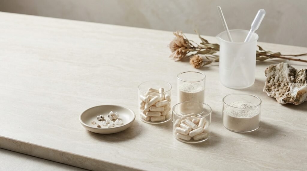 Magnesium supplement capsules in a clean modern scientific wellness setting
